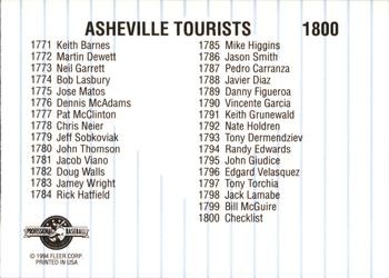 1994 Fleer ProCards #1800 Asheville Tourists Checklist Back