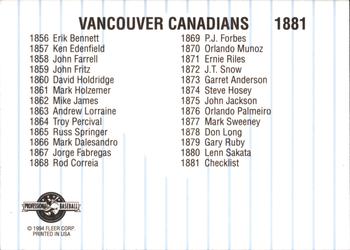 1994 Fleer ProCards #1881 Vancouver Canadians Checklist Back