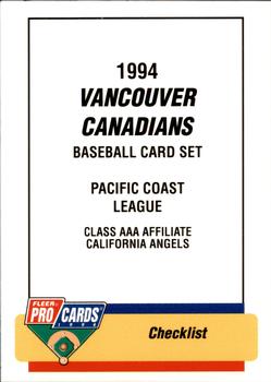 1994 Fleer ProCards #1881 Vancouver Canadians Checklist Front