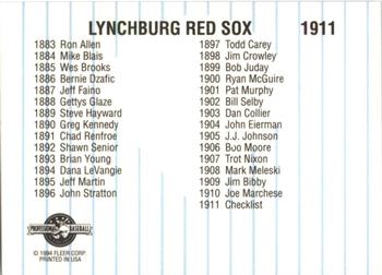 1994 Fleer ProCards #1911 Lynchburg Red Sox Checklist Back