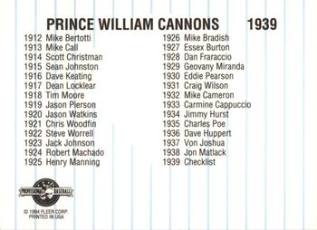 1994 Fleer ProCards #1939 Prince William Cannons Checklist Back