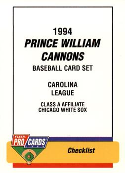 1994 Fleer ProCards #1939 Prince William Cannons Checklist Front