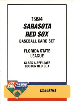 1994 Fleer ProCards #1969 Sarasota Red Sox Checklist Front