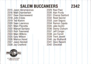 1994 Fleer ProCards #2342 Salem Buccaneers Checklist Back