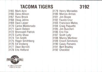 1994 Fleer ProCards #3192 Tacoma Tigers Checklist Back