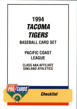 1994 Fleer ProCards #3192 Tacoma Tigers Checklist Front