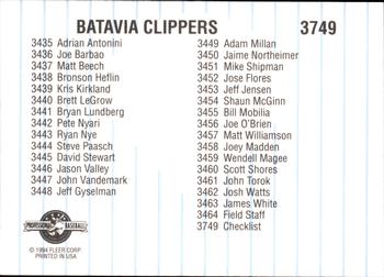 1994 Fleer ProCards #3749 Batavia Clippers Checklist Back