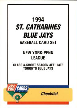 1994 Fleer ProCards #3660 St. Catharines Blue Jays Checklist Front