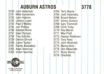 1994 Fleer ProCards #3778 Auburn Astros Checklist Back