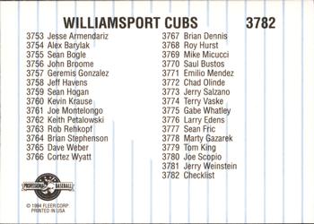 1994 Fleer ProCards #3782 Williamsport Cubs Checklist Back