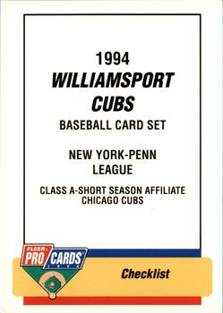 1994 Fleer ProCards #3782 Williamsport Cubs Checklist Front