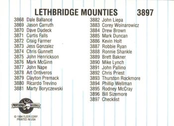 1994 Fleer ProCards #3897 Lethbridge Mounties Checklist Back