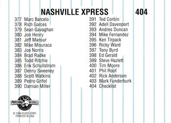 1994 Fleer ProCards #404 Nashville Xpress Checklist Back