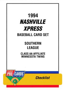 1994 Fleer ProCards #404 Nashville Xpress Checklist Front