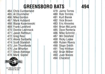 1994 Fleer ProCards #494 Greensboro Bats Checklist Back