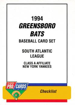 1994 Fleer ProCards #494 Greensboro Bats Checklist Front