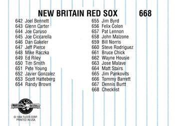 1994 Fleer ProCards #668 New Britain Red Sox Checklist Back