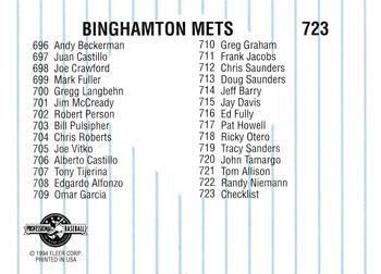 1994 Fleer ProCards #723 Binghamton Mets Checklist Back
