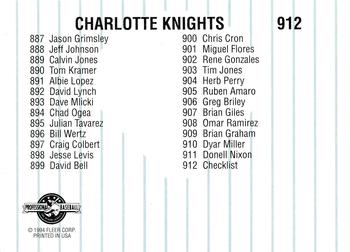 1994 Fleer ProCards #912 Charlotte Knights Checklist Back