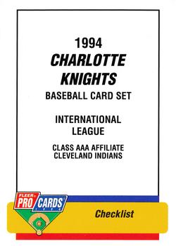 1994 Fleer ProCards #912 Charlotte Knights Checklist Front
