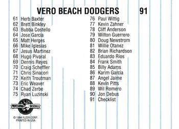 1994 Fleer ProCards #91 Vero Beach Dodgers Checklist Back