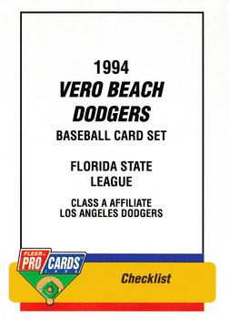 1994 Fleer ProCards #91 Vero Beach Dodgers Checklist Front
