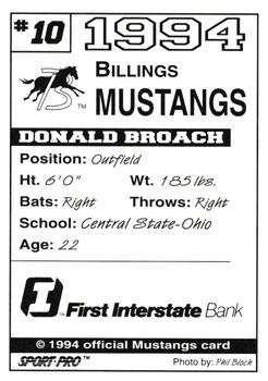 1994 Sport Pro Billings Mustangs #10 Donald Broach Back