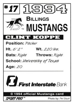 1994 Sport Pro Billings Mustangs #17 Clint Koppe Back