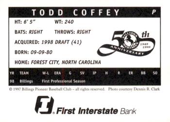 1998 Billings Mustangs #NNO Todd Coffey Back