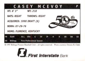 1998 Billings Mustangs #NNO Casey McEvoy Back