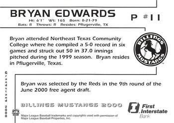 2000 Grandstand Billings Mustangs #NNO Bryan Edwards Back