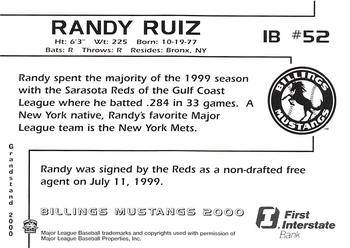 2000 Grandstand Billings Mustangs #NNO Randy Ruiz Back
