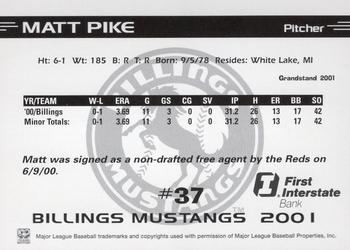 2001 Grandstand Billings Mustangs #NNO Matt Pike Back