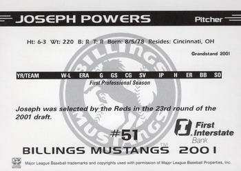 2001 Grandstand Billings Mustangs #NNO Joseph Powers Back