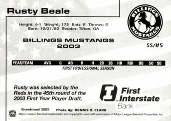 2003 Grandstand Billings Mustangs #NNO Rusty Beale Back