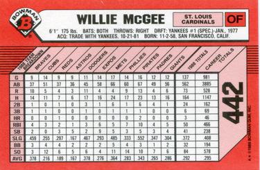 1989 Bowman - Collector's Edition (Tiffany) #442 Willie McGee Back