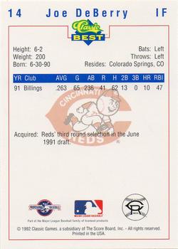 1992 Classic Best Cedar Rapids Reds #14 Joe DeBerry Back