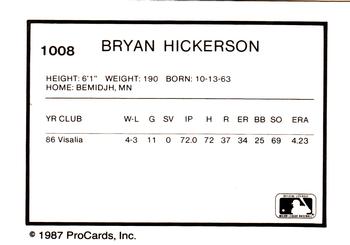 1987 ProCards #1008 Bryan Hickerson Back