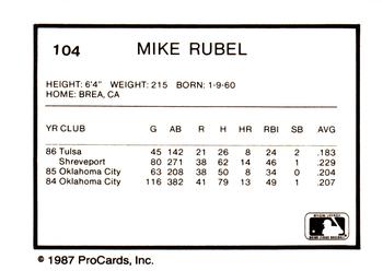 1987 ProCards #104 Mike Rubel Back