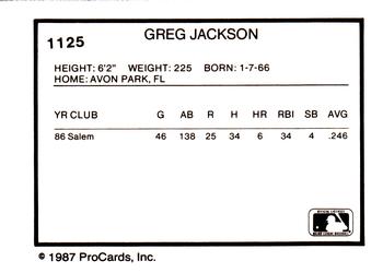 1987 ProCards #1125 Greg Jackson Back