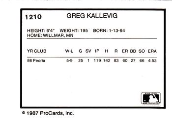 1987 ProCards #1210 Greg Kallevig Back