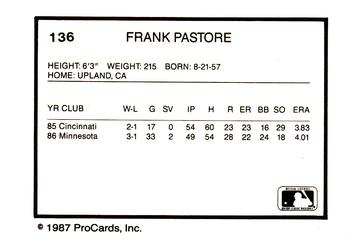 1987 ProCards #136 Frank Pastore Back
