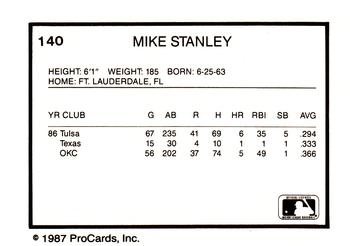 1987 ProCards #140 Mike Stanley Back