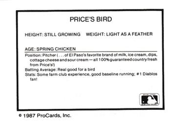 1987 ProCards #NNO Price's Bird Back