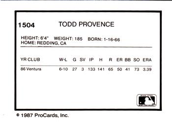 1987 ProCards #1504 Todd Provence Back
