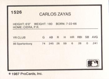 1987 ProCards #1526 Carlos Zayas Back