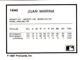 1987 ProCards #1640 Juan Marina Back