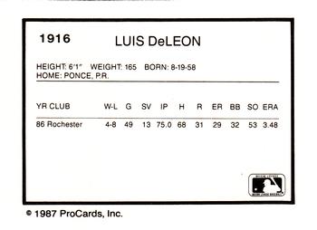 1987 ProCards #1916 Luis DeLeon Back