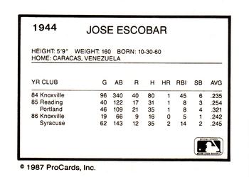 1987 ProCards #1944 Jose Escobar Back
