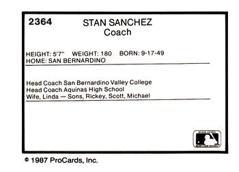 1987 ProCards #2364 Stan Sanchez Back